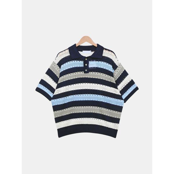 男性ボーダーカラーニット カジュアルルーズフィット半袖Tシャツ SMOR070_P394872961