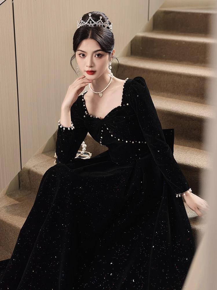 ブラックドレスバンケットシニアセンスホストアート試験スカート長袖大人ギフト女性