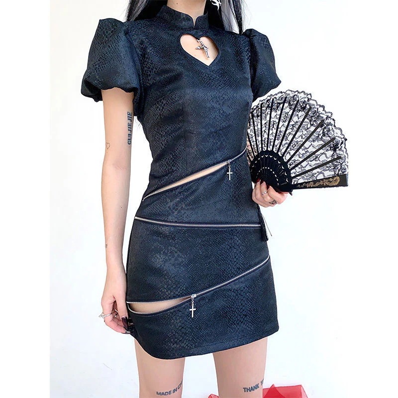 ゴーストシスター ドレス 2025年夏のスタイルの改善されたチャイナ ドレスの女性の腰の小さな黒い短いスカート