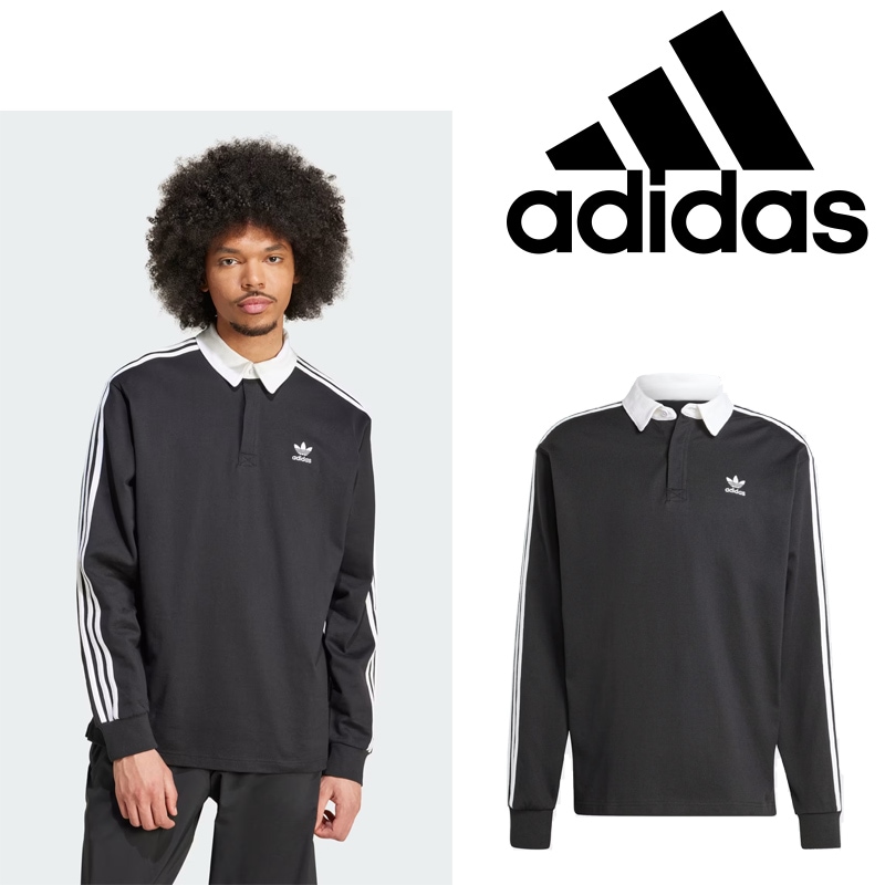 IZ4806 ADICOLOR RUGBY POLO SHIRT 白衿が映える長袖ラガーシャツ 3ストライプで肩周りすっきり 柔らかなコットンで軽やかに秋冬の街スタイル レギュラーフィットで快適