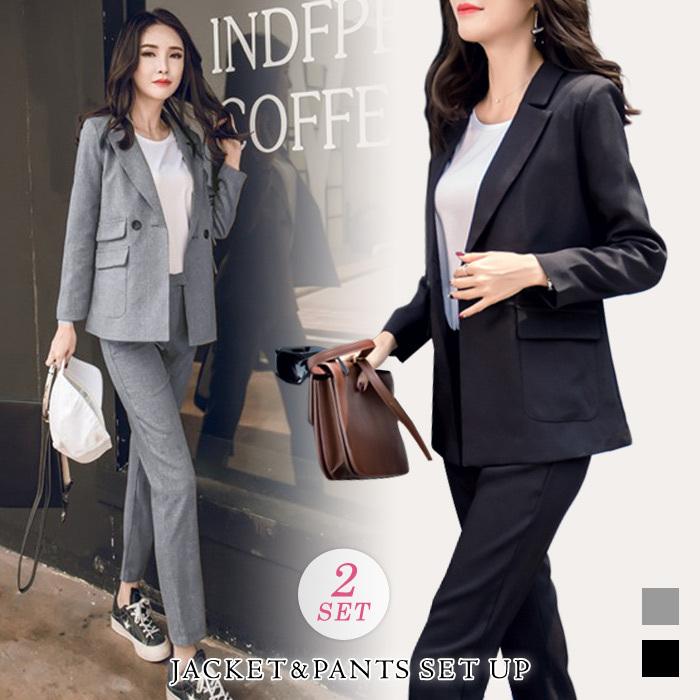 セットアップ レディース スーツ 春 冬 春冬 黒 ジャケット パンツスーツ 上下セット ブラック グレー セレモニー フォーマル オフィス 20代 30代 送料無料