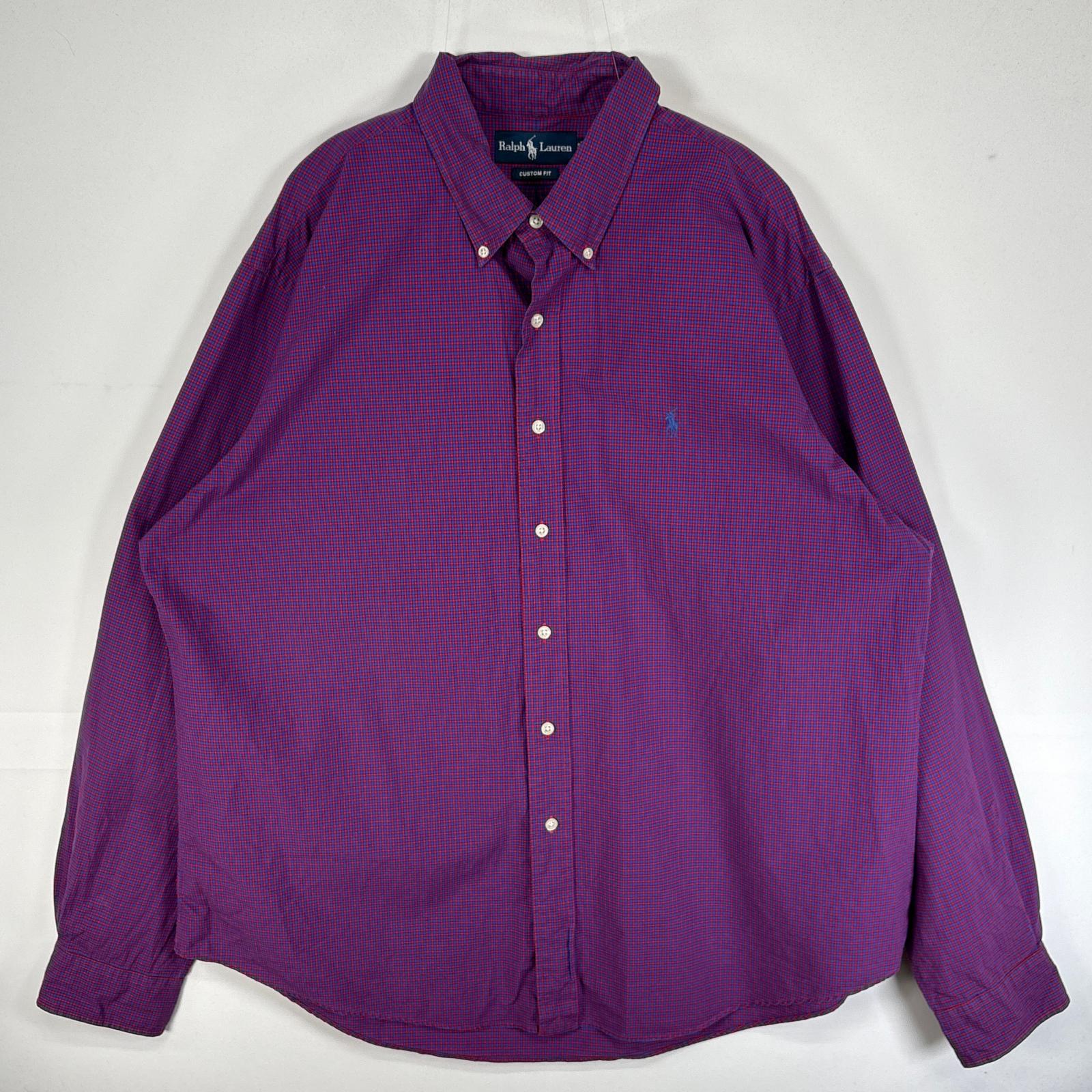 古着 長袖シャツ ロゴ 刺繍 チェック 大きいサイズ XXL パープル系 マルチカラー メンズ長袖シャツ