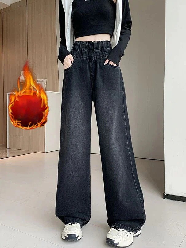 裏起毛 ロングパンツ ファッション 着痩せ レディース ゆったり 大きいサイズ ストレート ジーンズ カジュアル ハイウエスト ワイドパンツ