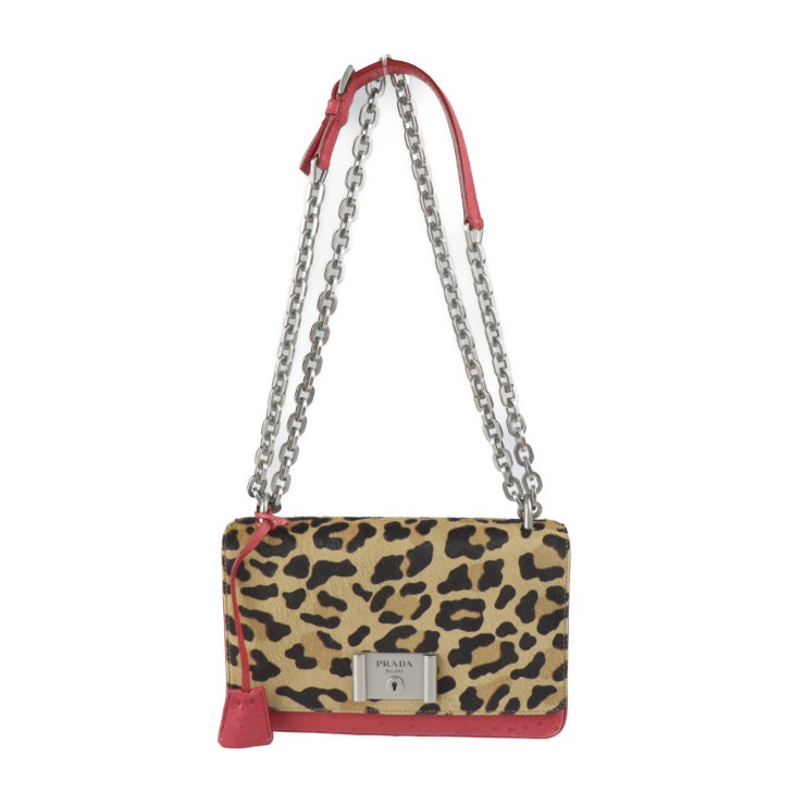 新品未使用展示品 PRADA プラダ ショルダーバッグ 1BD009 バッグ ハラコ オーストリッチ ブラウン系 レッド系 シルバー金具 レオパード 豹柄 チェーンショルダーバッグ 本物保証 中古
