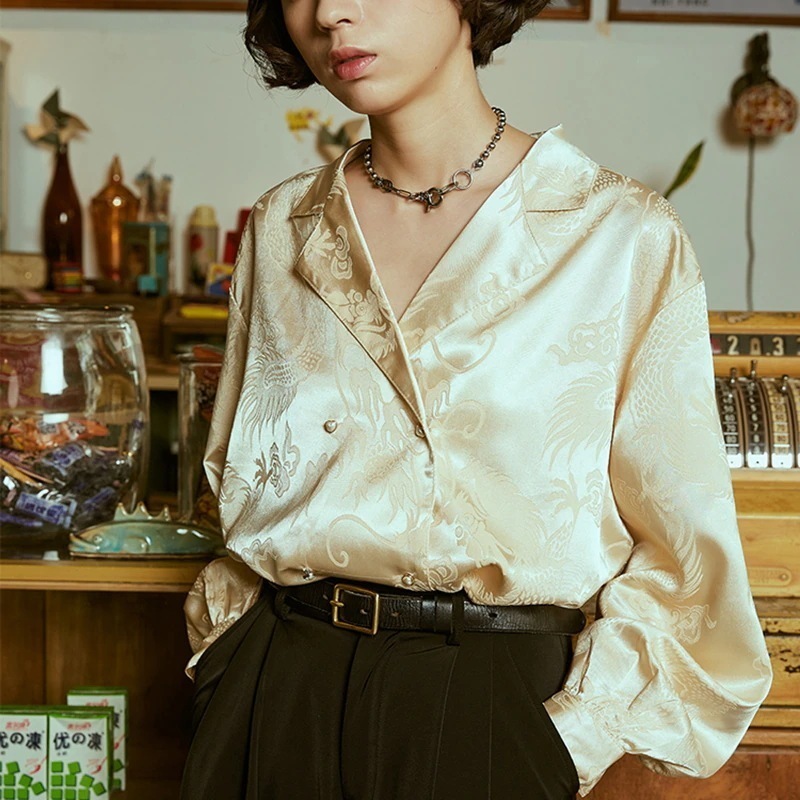 チャイナ風シャツ レディース 柄シャツ 長袖 Vネックシャツ 龍紋 ゴールド 春 5,049円