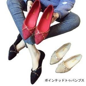 パンプス ポインテッドトゥ レディース ローヒール 女性用 くつ 春 夏 秋 レトロ 通勤 オシャレ シューズ PU リベット 靴 ローカット