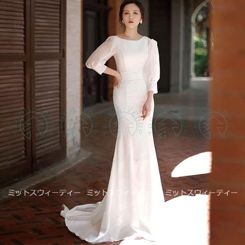 ウェディングドレス 白 スレンダードレス 海外挙式 花嫁 二次会 バルーンスリーブ パーティードレス