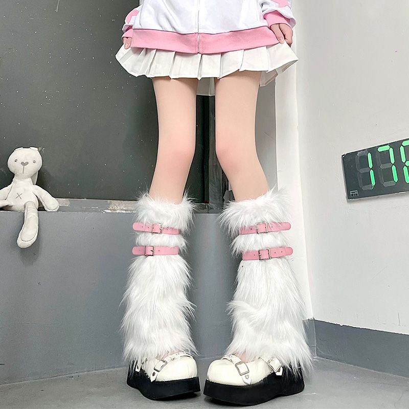 Y2k カーフリングファーソックスセット模造qqショーガールピンクレザーバックルレッグウォーマーセットミッドブjkスパイシーパイルソックス