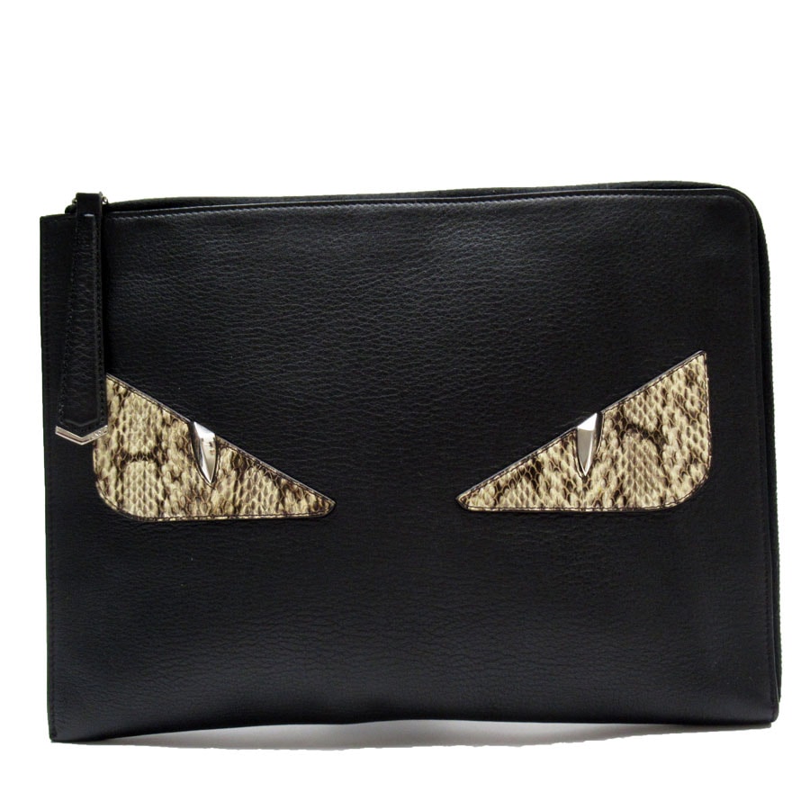 フェンディ FENDI クラッチバッグ モンスター レザー ブラック/ベージュブラウン シルバー ユニセックス w0351k