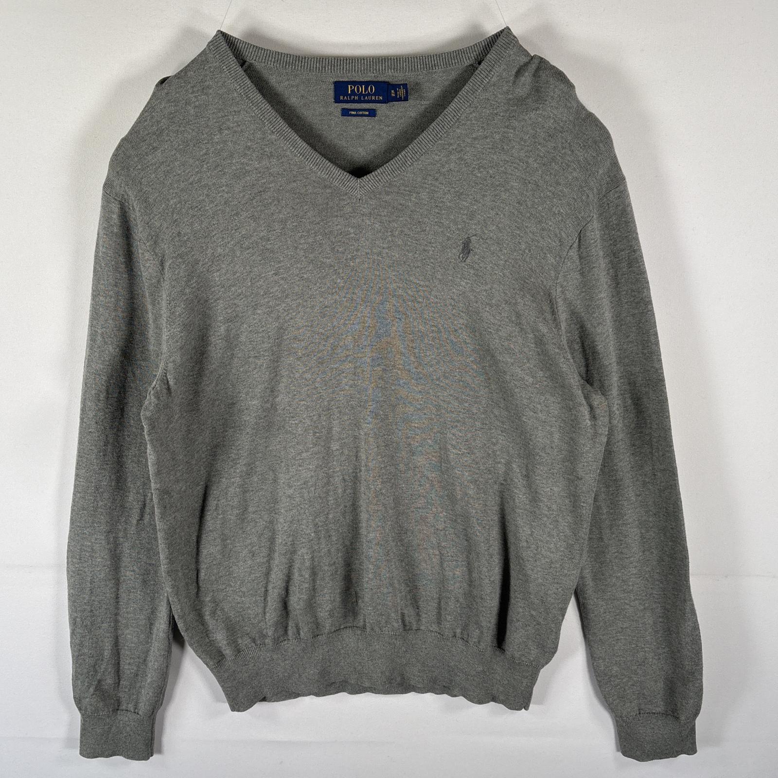 古着 コットンニットセーター Ｖネック ワンポイント 薄手 大きいサイズ XL グレー メンズ