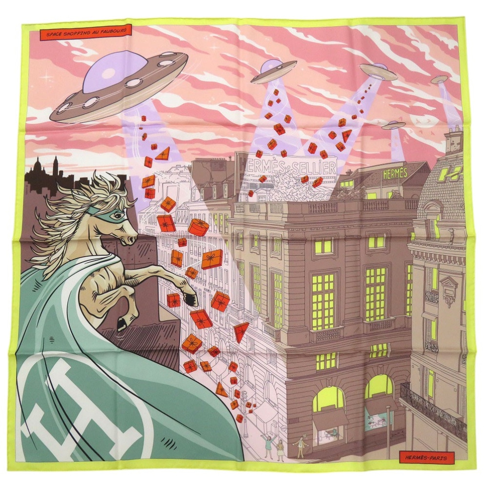 美品 カレ90 フォーブールでのスペースショッピング 街とUFO柄 Space Shopping au Faubourg スカーフ シルク/シルク マルチカラー 1157【中古】 ユニセックス