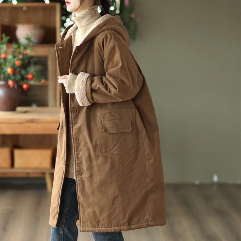 日系新型レトロな連帽にダウンコート女子セミロング ゆったり 厚手の綿入れ保温ラム毛の綿入れ