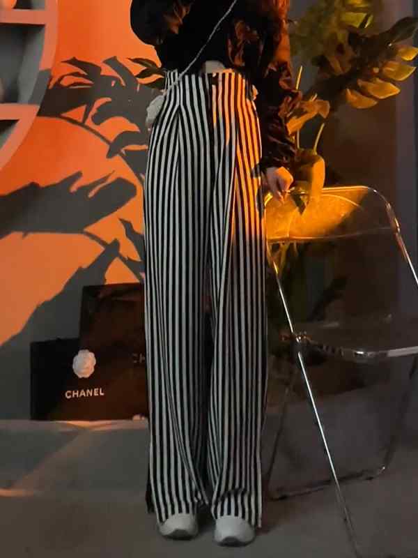 レディース ファッション オシャレ カワイイ シンプル 人カワイイ きいサイズ アメリカン ハイウエスト ストライプ ストレート ワイド レッグ カジュアル パンツ