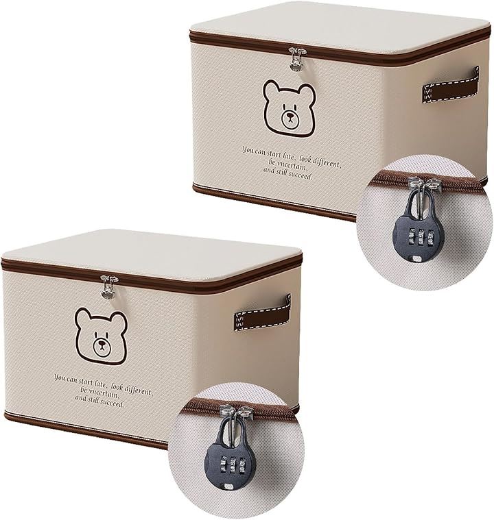 鍵付き 収納ケース 収納ボックス ダイヤル錠 折りたたみ 大容量 片付け 衣類 くまさん 布製 ファスナー(グレー, L（2個セット）)
