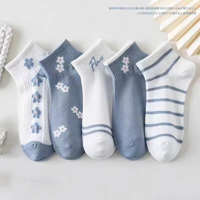 （NEW)女性用春夏ソックス薄手で多用途通気性に優れたブルーの小さなフレッシュボートソックス甘くてかわいい森ガールフラワーソックス