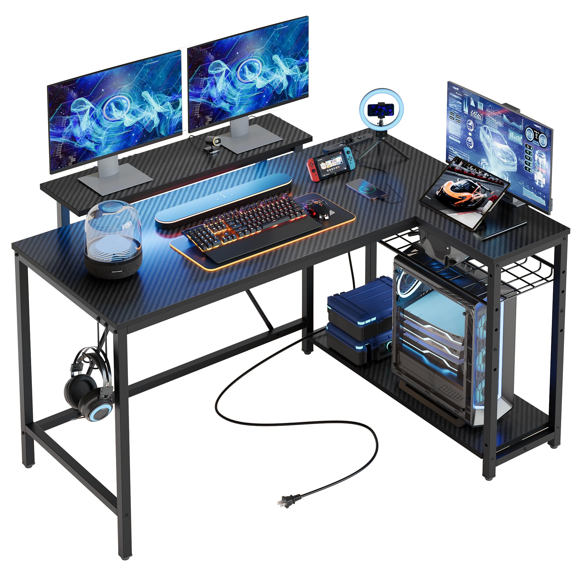 ゲーミングデスク L字デスク コンセント付き 幅122cm USB-C対応 パソコンデスク 机 pcデスク L字型 収納ラック付き LEDライト付き 棚板高さ調節可能 モニター台付 39524
