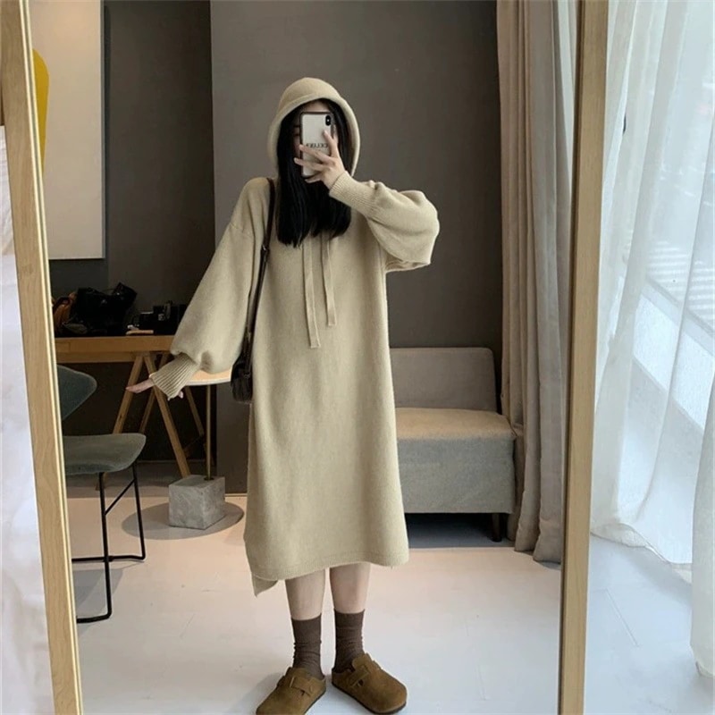 【1つ買うと10つ無料】秋と冬の帽子の大規模なニットドレス長いゆるい怠な風のセータースカートの女性韓国語版