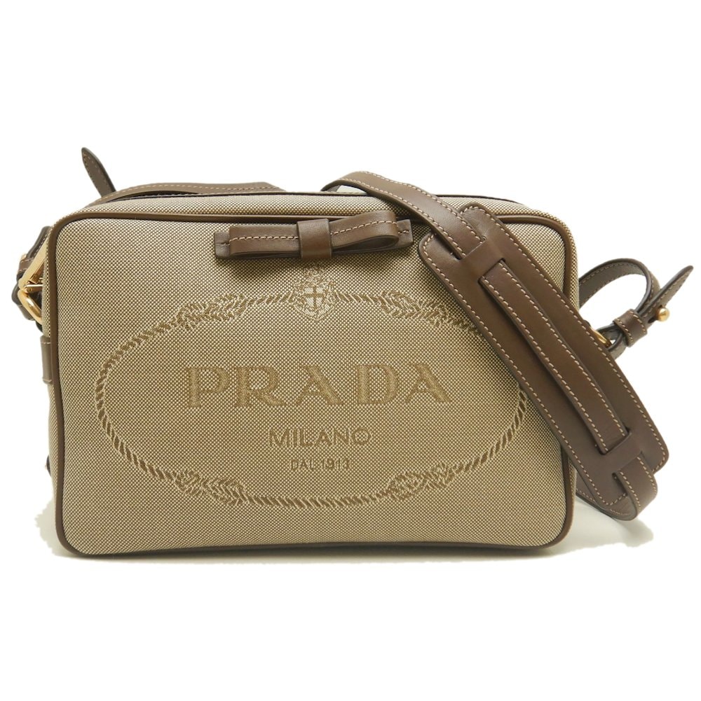 1BH089 ショルダーバッグ ジャガードxレザー ベージュ ブラウン/252907【中古】