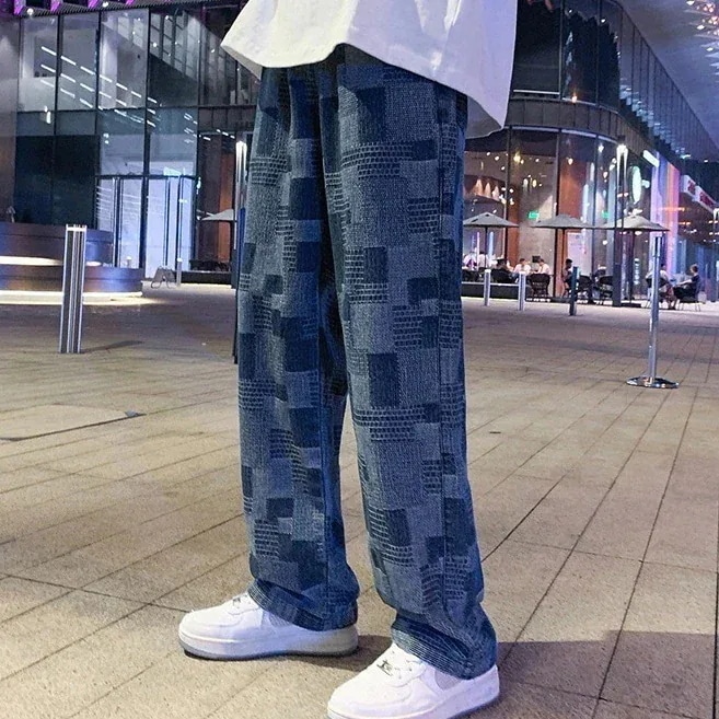 【急速出荷!】1つ買うと10個ひんやりボトムス 脚長効果スキニーパンツ メンズ 港風 ワイドパンツ デニムボトムス デニム 通気性 色切り替え 伸縮性のあるウエスト デニムパンツ チェック ロングパン