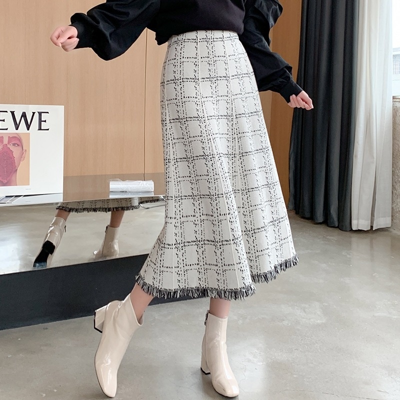 ニットスカート ロング 秋冬 フリンジスカート ニット スカート 黒 チェック柄 ひざ下 Aライン ハイウエスト 韓国 レディース オルチャン かわいい 可愛い 大人可愛い きれいめ