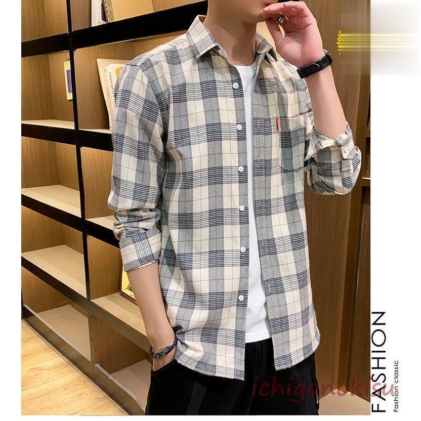 秋物シャツ メンズ シャツ カジュアルシャツ トップス チェックシャツ 長袖 スリム ビジネスカジュアル きれいめ 秋冬