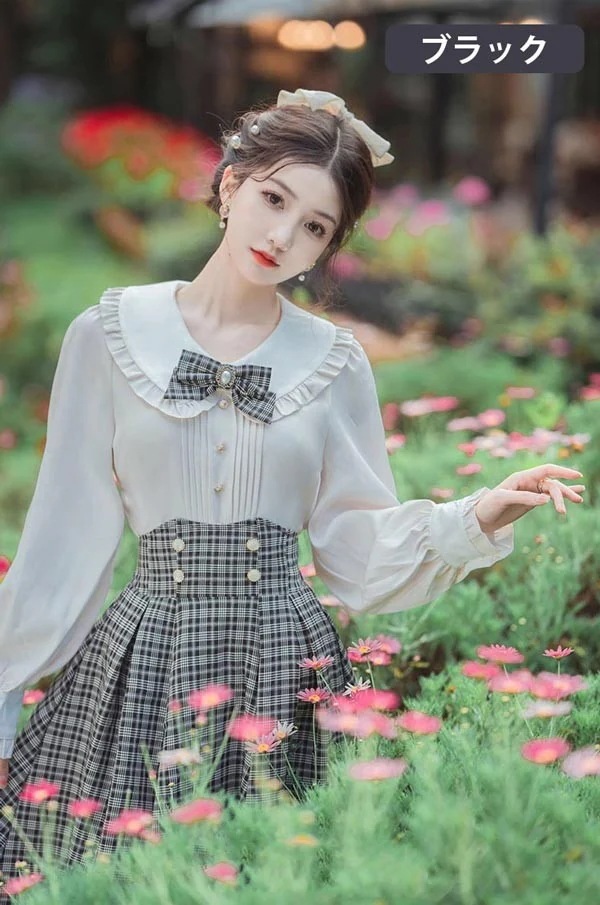 スカートミディアムスカートリボン チェック柄 長袖 ブラウス 衣装 レース ハイウエスト ドレス ロングスカート 上品 フリル ロリータ 春 洋服 学生風 かわいい コスチューム 秋 レディース Aラ