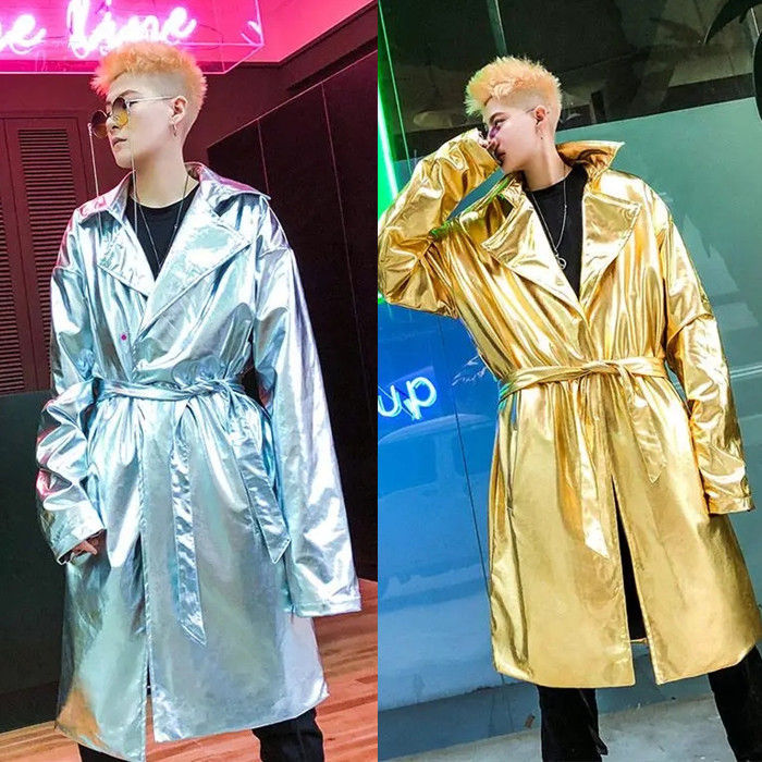 Hot!!!光沢 ベルト有り メンズ ステージ衣装 メタリック ロングコート トレンチコート ピカピカ キラキラ