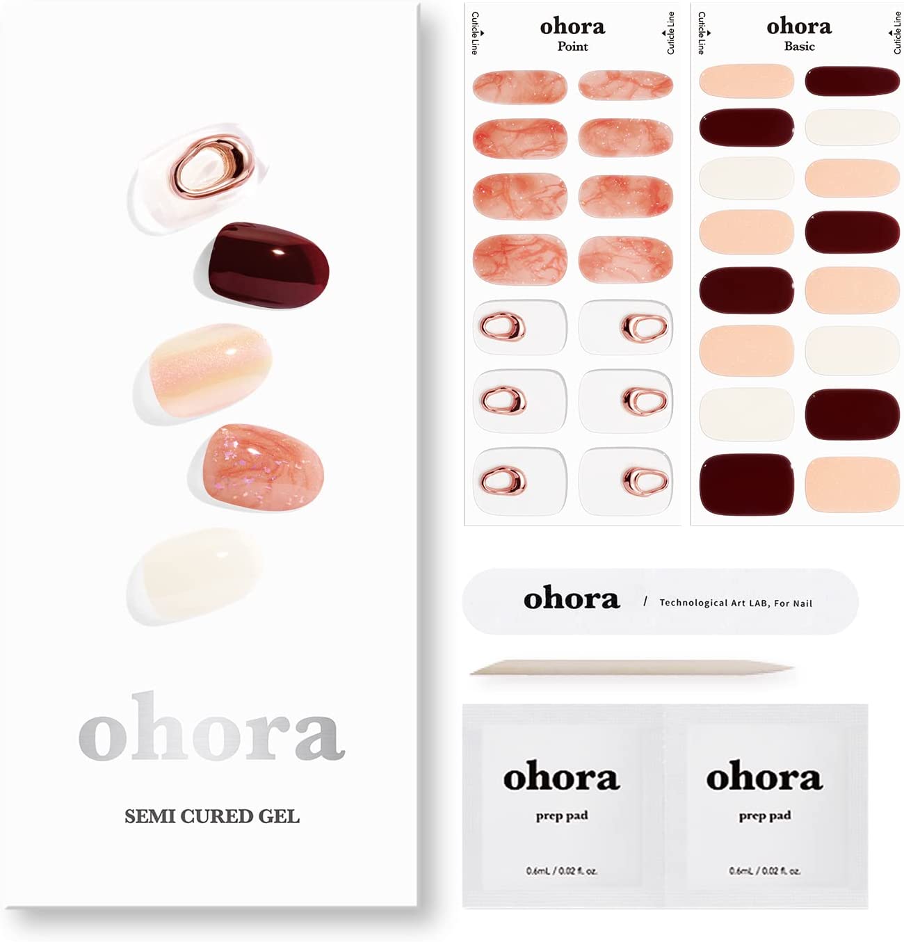 オーホラ半硬化ジェルネイルストリップ(NBlush)-UVネイルランプサロン品質長時間持続可能塗布と取り外しが簡単-予備パッド2個ネイルファイル木製スティック付き