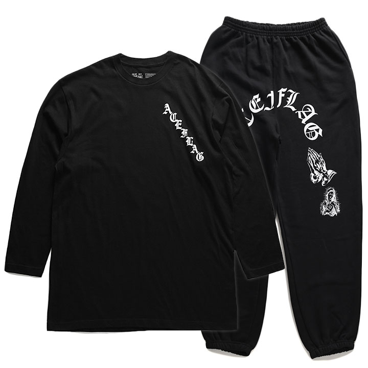 ACE FLAG 上下セット 長袖 ブランド メンズ 春秋冬用 黒 大きいサイズ エースフラッグ セットアップ ロンT スウェットパンツ 上下 チカーノ CSロゴ