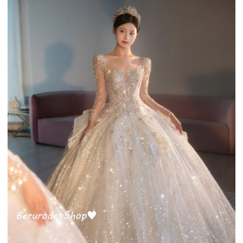 おすすめランキングウェディングドレス 白 長袖 スパンコール キラキラドレス 素敵 キレイめ 結婚式ドレス 二次会ドレス 袖あり 花嫁ドレス ロングドレス Aライン バックリボン プリンセスドレス ブ