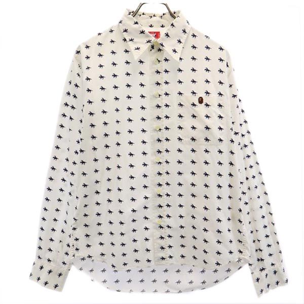 日本製 総柄 長袖 シャツ M ホワイト系 メンズ