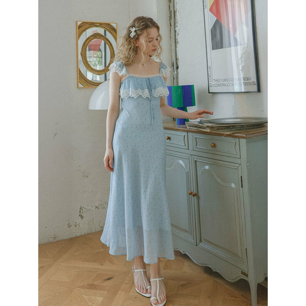 レ・ビジュー・フィロソフィー LB 花柄レーススリップマキシドレスブルー