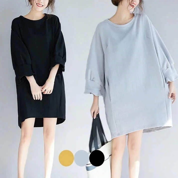 トレンド 着痩せ ビッグシルエット ロング ポケット付き キャンディ袖 クルーネック スウェット トレーナー ロンクワンピース トレーナーワンピース スウェットワンピース