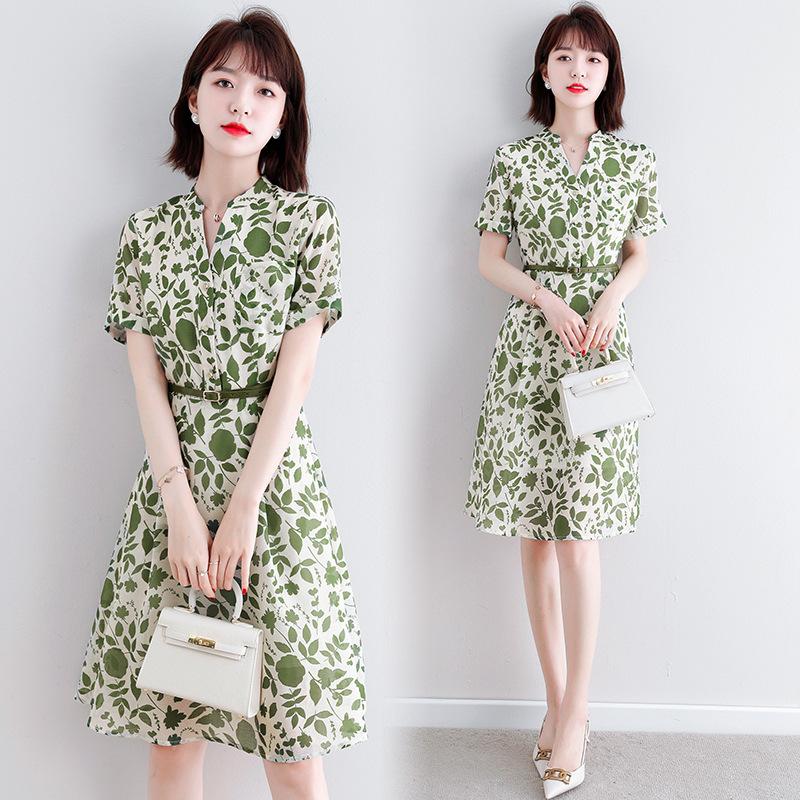 シャツワンピース レディース きれいめ 膝丈ワンピース 春夏 半袖ワンピース花柄シフォン Vネック Aラインスカート オシャレ 大人上品 お出かけ 通勤OL