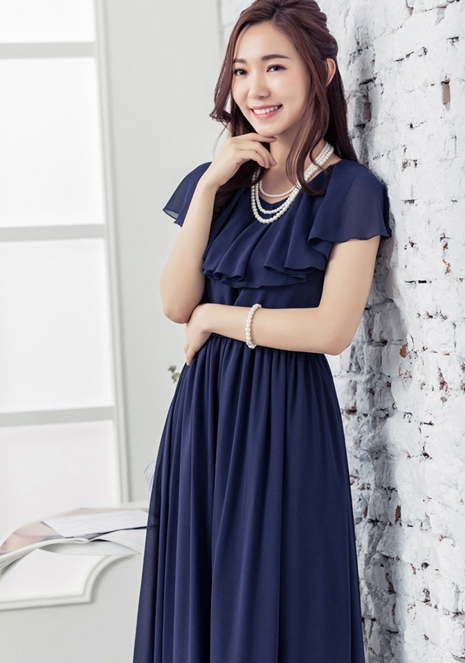 1729. フリル袖マキシ丈ドレス（ネイビー）2019 春夏 sale 2次会 オフィス お宮参り 結婚式 謝恩会 食事会 女子会 成人式 卒園式 デート 同窓会 二次会 入園式 入学式 発表会 披露