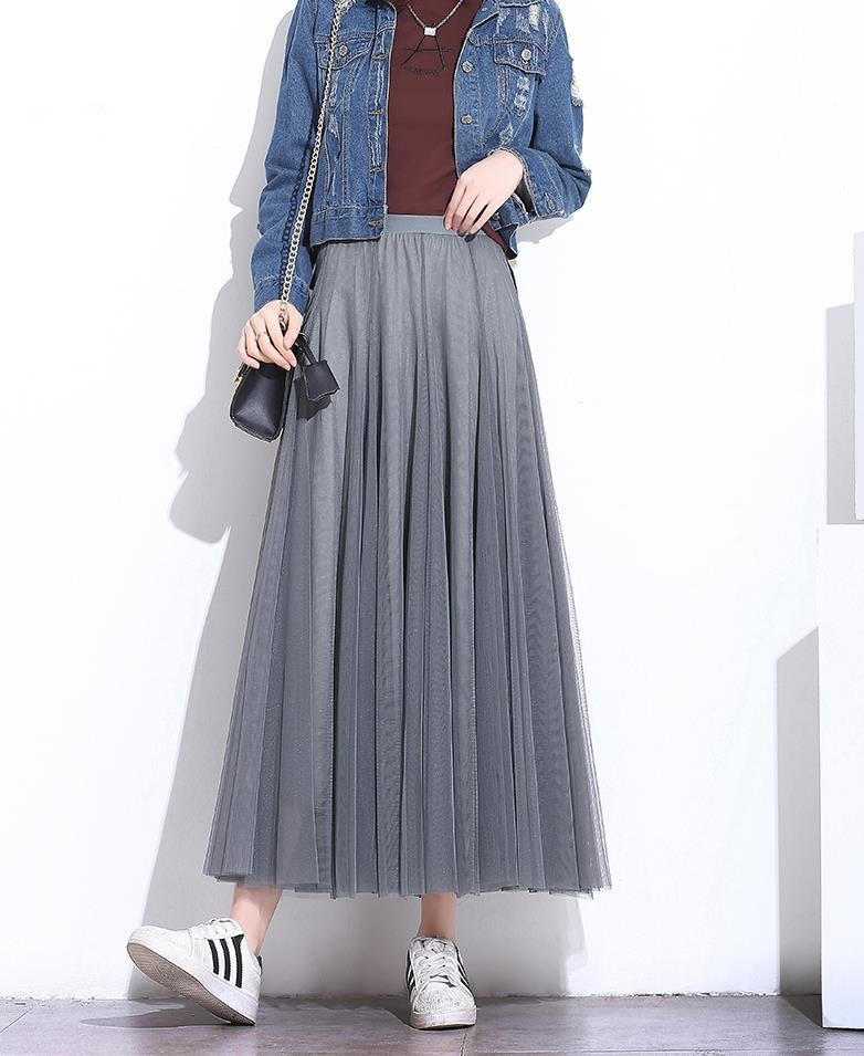 3088.大人カジュアル チュールロングスカート（グレー）