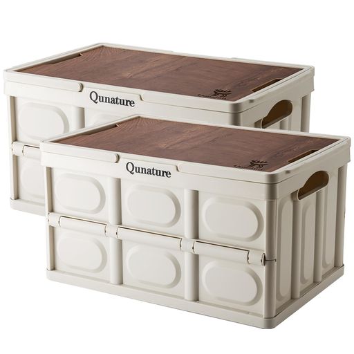 Qunature 折り畳みコンテナ 55L 大容量 持ち手付き キャンプ カゴ 木製の蓋付き 折り畳み 収納ボックス 耐荷重 積み重ね 組立簡単 アウトドア キャンピング BBQ 買い物かご 自宅 お