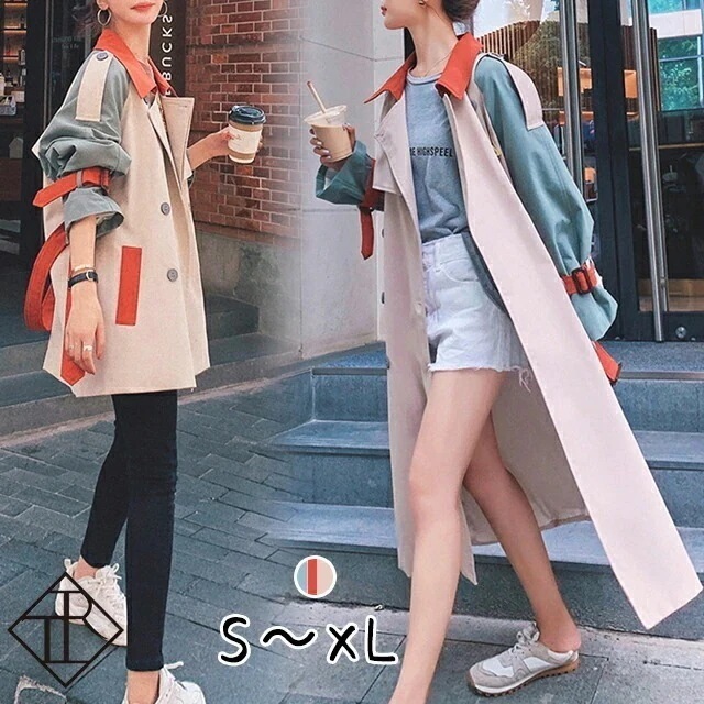 【急速出荷!】トレンチコート レディース アウター ロング丈 ミディアム 上着 コート トレンチ スプリングコート 大きいサイズ 体型カバー 春 秋冬 エレガント ベルト付き ステンカラーコート 配色