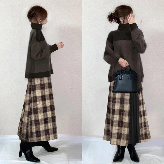 作気質シンプルニットセットアップ着痩せハイネックセータートップスロングスカート二点セット百掛けレディースファッション福袋大きめサイズ