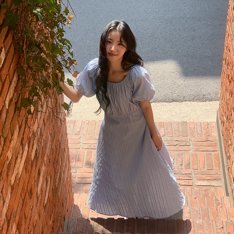 [top0631] 韓国 ファッション コットン パフ シャーリング 半袖 ロング ワンピース