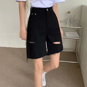 万能流行感 ハーフパンツ　大人気　デニム　レディース　ダメージ加工　オシャレ　5分丈　カジュアル　ひざ丈　ショーツ　ショートパンツ　ボトムス　膝上　夏
