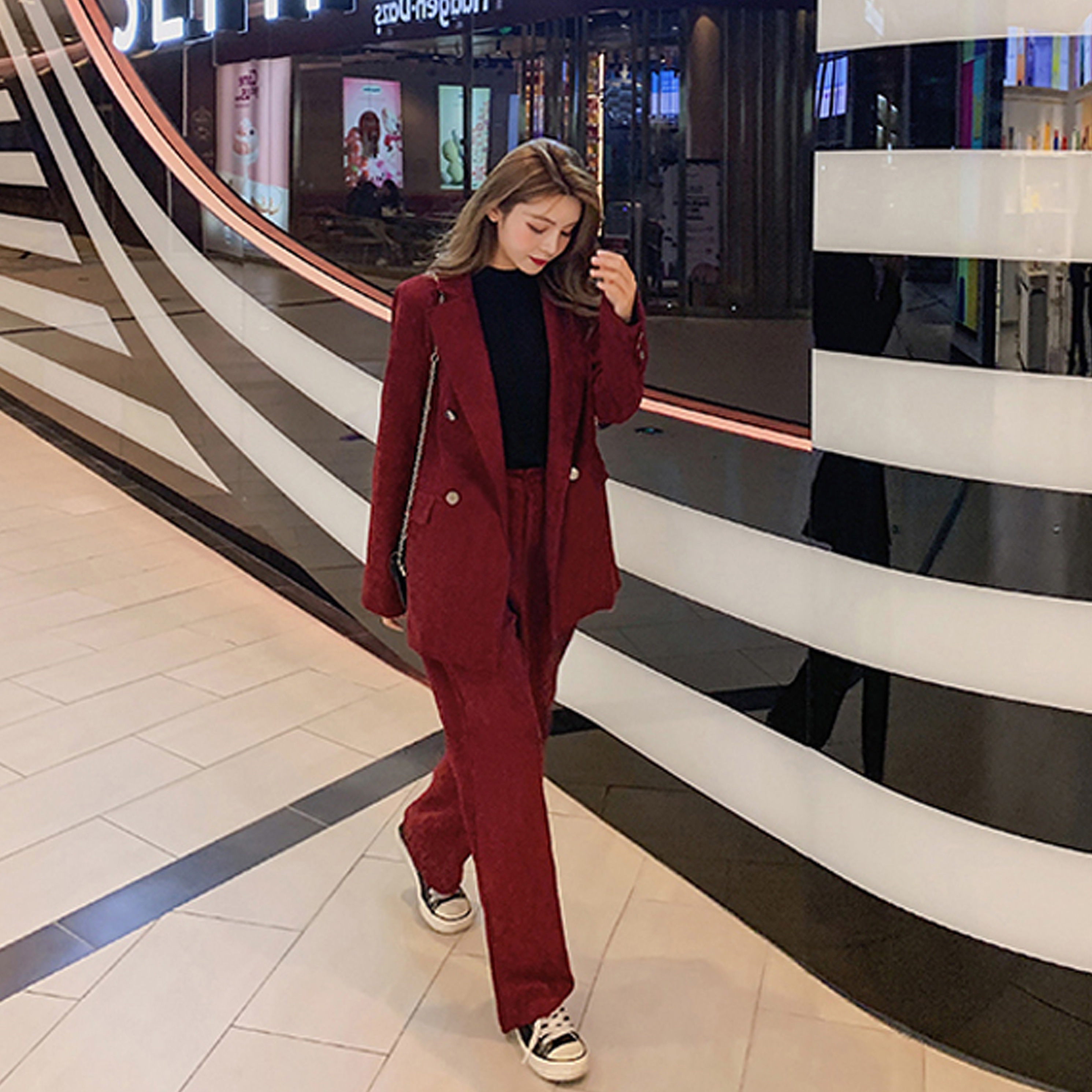 セットアップ ジャケット パンツ ロング ロング丈 長袖 Vネック 襟付き ストレート ワイド レイヤード ポケット ハイウエスト 前開き ウエストゴム ボタン コーデュロイ 上下セット 2点セット