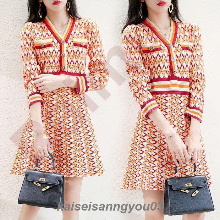 安い商品 今日だけ ニットワンピースレディース 40代 長袖ワンピース 秋冬新作 幾何柄ワンピース Vネック Aラインスカート膝丈ワンピース オシャレ通勤 OL 大人上品 30代 50代 ギフトポイン