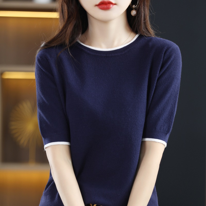 トップス ニットソー セーター プルオーバー ミディアム丈 袖あり 五分袖 ラウンドネック 襟なし ワイド リブ パイピング 薄手 大人可愛い きれいめ シンプル カジュアル 大人 上品 お洒落