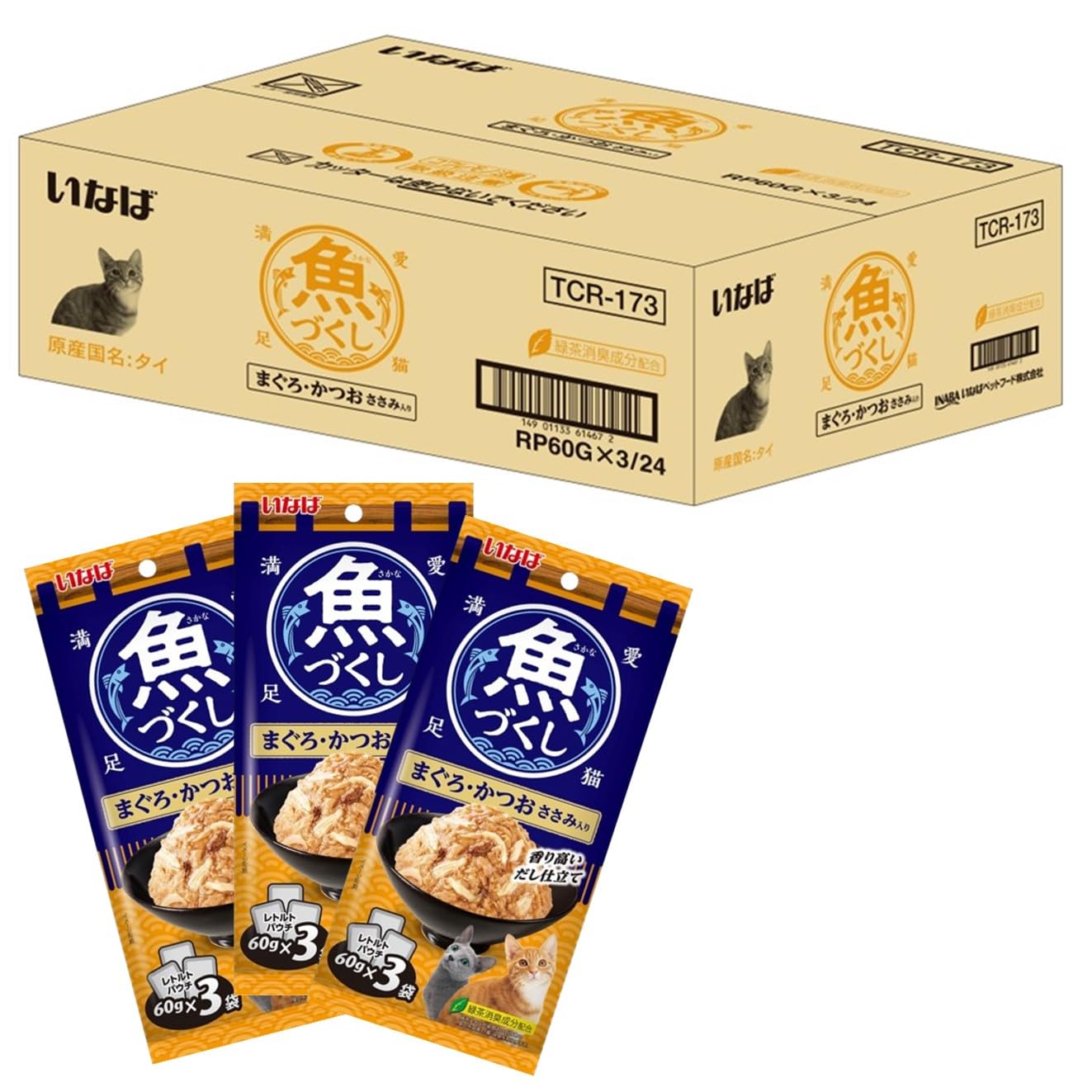 いなば 魚づくし まぐろ・かつお ささみ入り 60g×3袋×24個 猫用 ウェットフード 5,587円