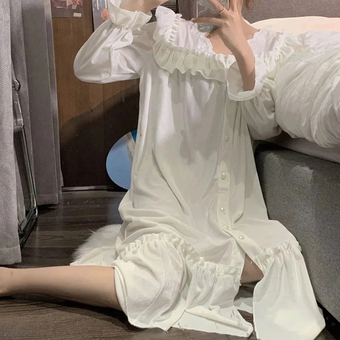 韓国ファッション ゴールドベルベット 裹起毛 ロング ネグリジェ パジャマ