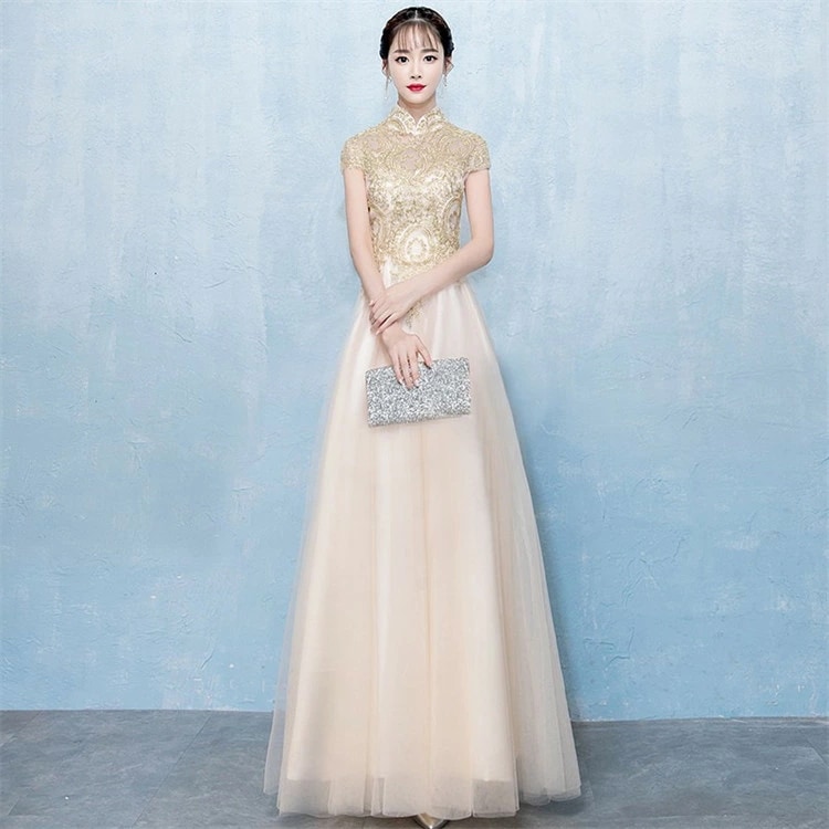 特別仕様レディース ドレス パーティードレス イブニングドレス レースワンピース レース 半袖 Vネック スタンドカラー Aライン 大きい裾 ハイウエスト きれいめ 着痩せ おしゃれ 体型カバー フォ