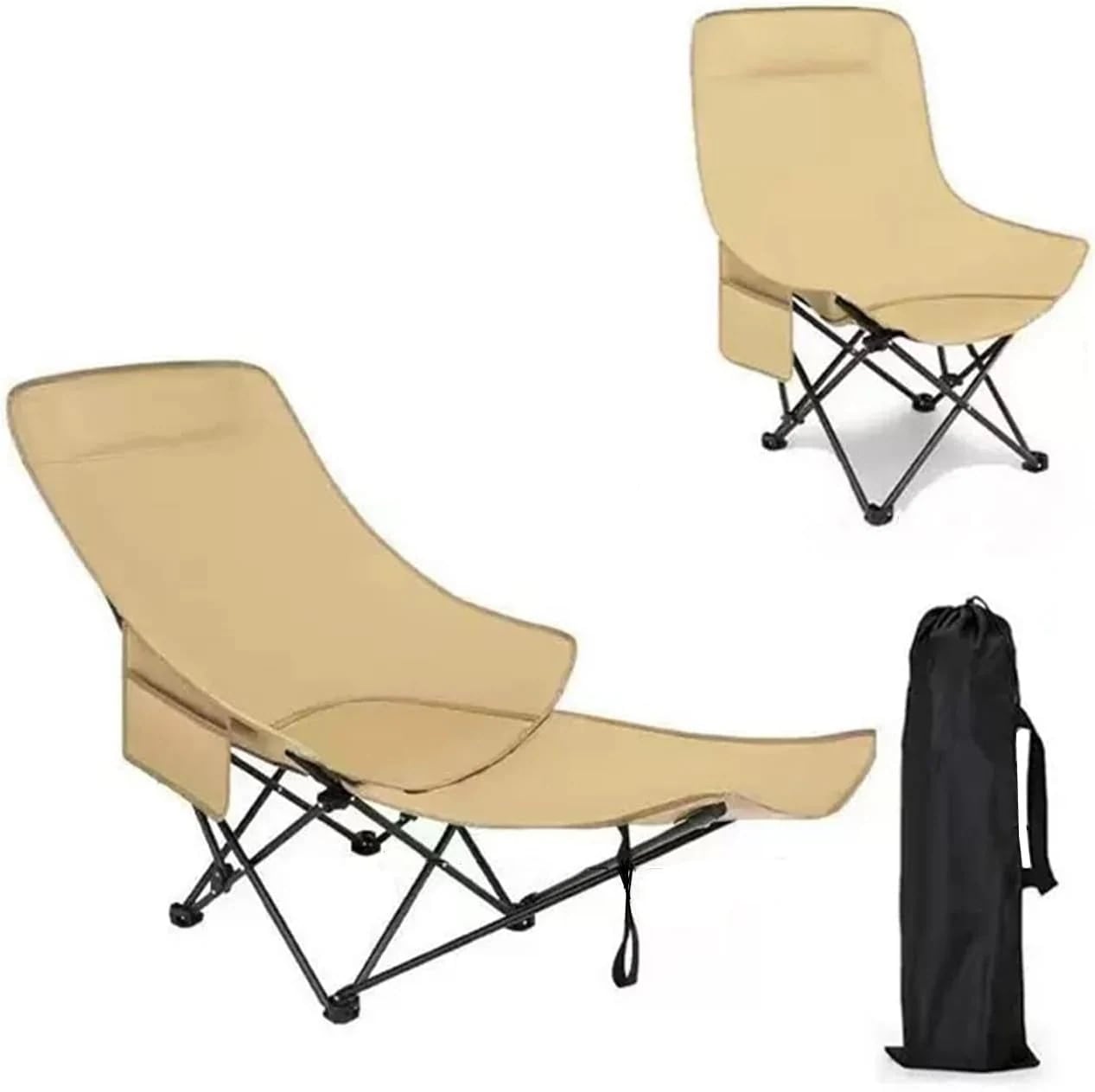 折り畳みリクライニングチェア 軽量 耐荷重140kg 4段階調整 脱着式フットレスト付き 収納ポケット付き 屋内屋外兼用 ベージュ