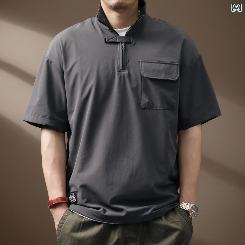 ポロシャツ 夏 冷感 クール アメリカン メンズ ハイエンド ワークウェア 半袖 速乾 Tシャツ 男性用 トップス ストリート ポケット 都会的