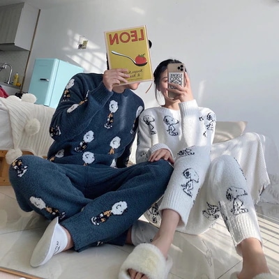 スヌーピー日系ペアパジャマコーベルベット女性冬ふわふわ男性厚手ギャザー秋冬部屋着セット